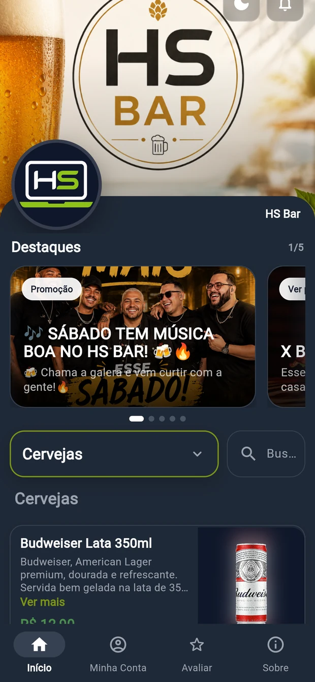Tela inicial do cardápio digital no celular, com a marca do bar, destaques e os itens por categoria