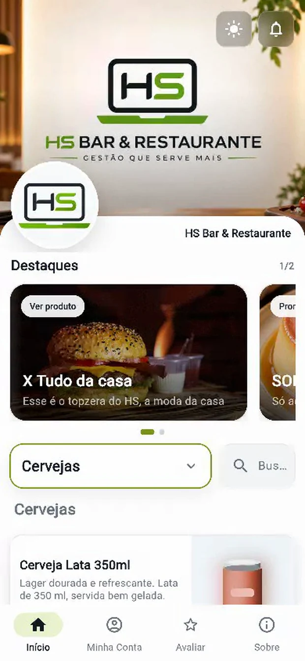 Tela inicial do cardápio digital no celular, com a marca do bar, destaques e os itens por categoria
